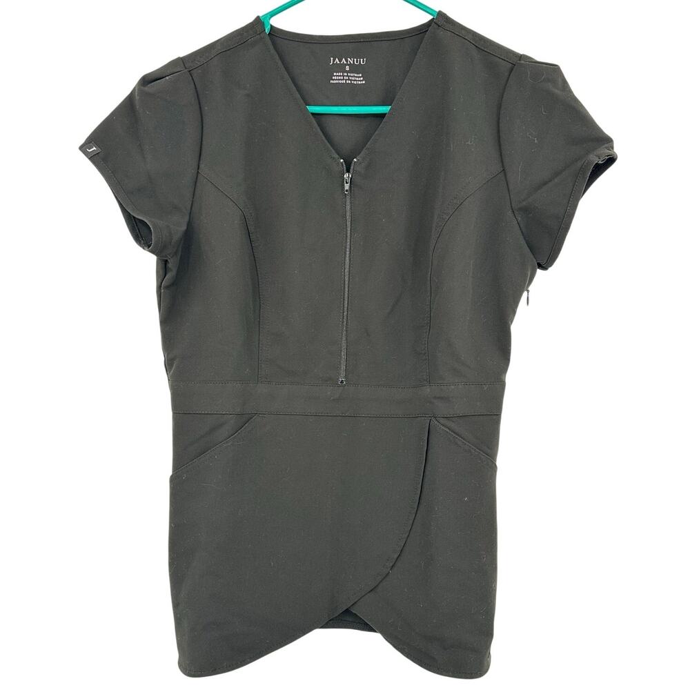 Jaanuu Size Small Short Sleeve Scrub Top Shirt Black Pockets Zip V Neck Fitted
